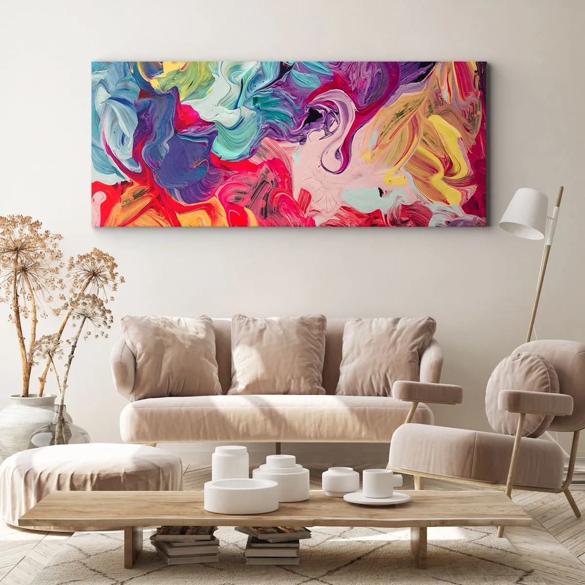 Bild auf Leinwand - Leinwandbild - Eine abstrakte Komposition mit lebendigen, wirbelnden Farben und einer dynamischen Struktur. - 160x50cm - Die Geburt der Farben - Moderne Wanddekoration für Wohnzimmer und Schlafzimmer ARTTOR