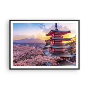 Poster in einem schwarzem Rahmen - Eine Pagode in Japan mit Kirschblüten und dem Berg Fuji - 100x70cm - Die Essenz des japanischen Geistes - Moderne Wanddekoration für Wohnzimmer und Schlafzimmer ARTTOR