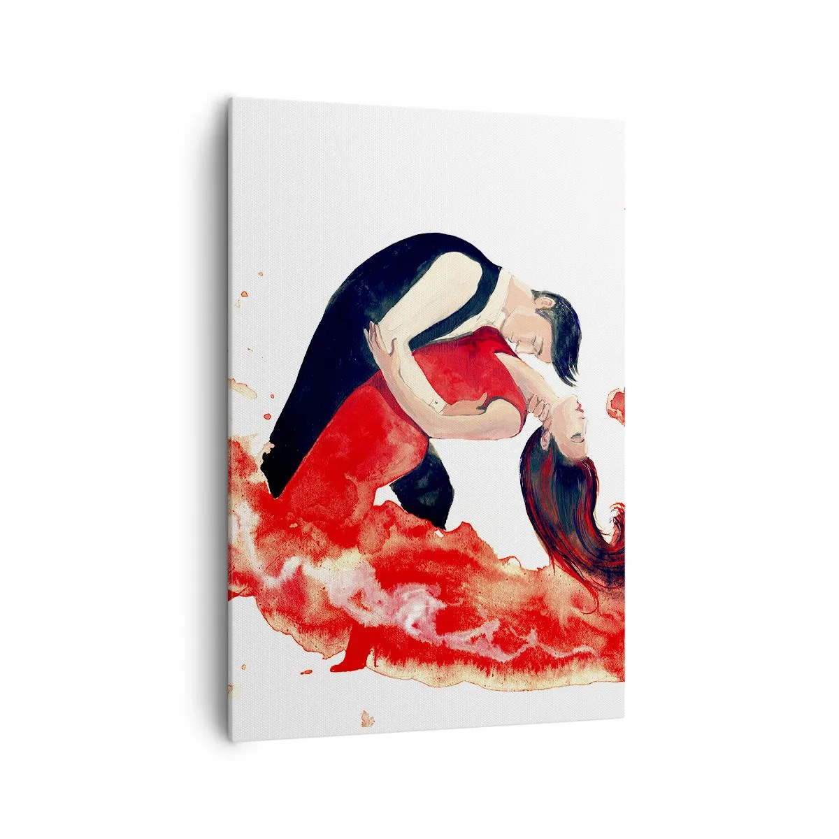 Bild auf Leinwand - Leinwandbild - Ein dynamisches Aquarellgemälde eines tanzenden Paares in roten Farben. - 70x100cm - Tango - eine sinnliche Welle - Moderne Wanddekoration für Wohnzimmer und Schlafzimmer ARTTOR