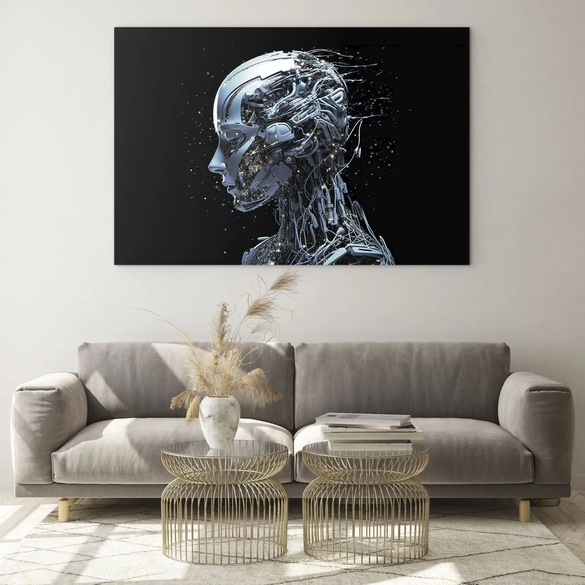 Glasbild - Bild auf glas - Profil eines weiblichen Roboters mit Drähten und Mechanismen - 70x50cm - Technologie ist eine Frau - Moderne Wanddekoration für Wohnzimmer und Schlafzimmer ARTTOR