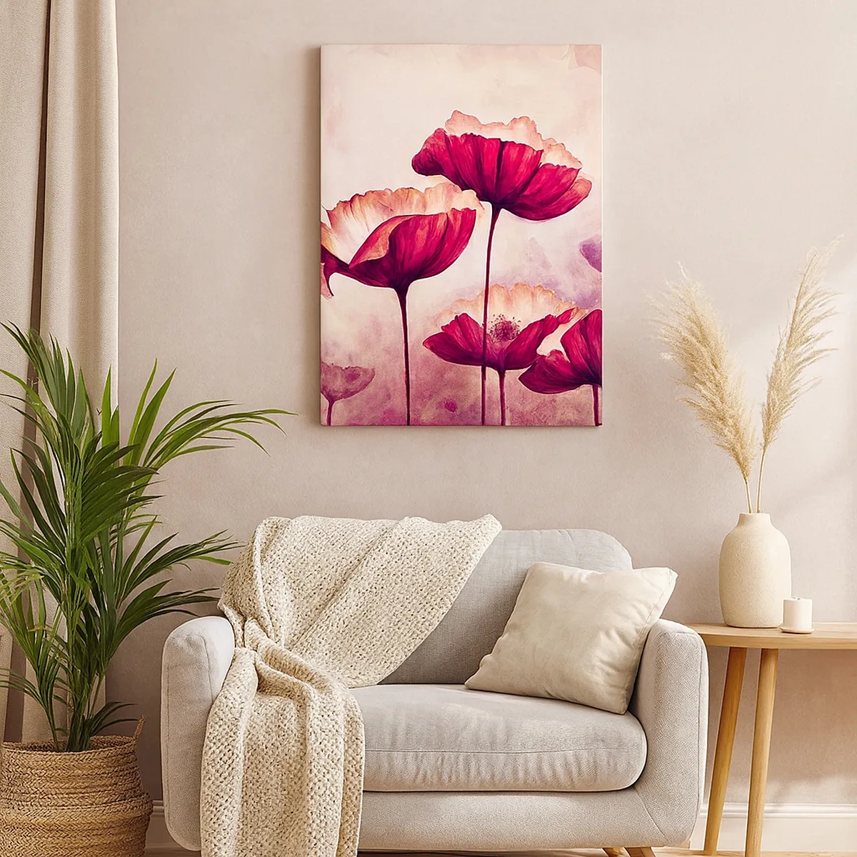 Bild auf Leinwand - Leinwandbild - Blumen in Rot- und Weißtönen auf dezentem Hintergrund - 50x70cm - Rotes und weißes Blütenblatt - Moderne Wanddekoration für Wohnzimmer und Schlafzimmer ARTTOR