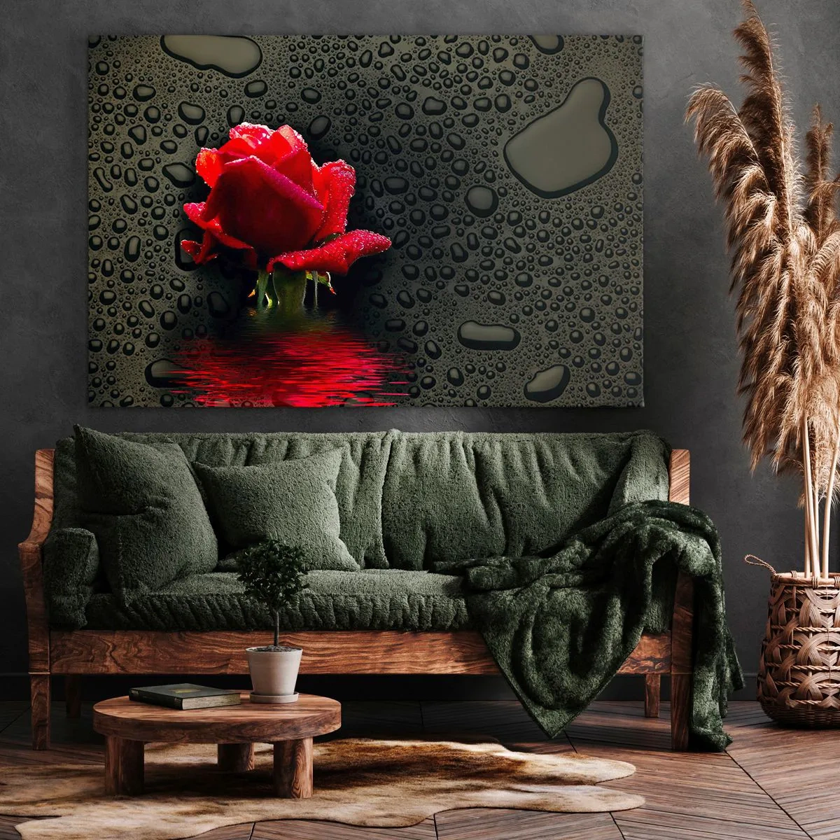 Bild auf Leinwand - Leinwandbild - Rote Rose mit Wassertropfen auf dunklem Hintergrund - 120x80cm - rot und Schwarz - Moderne Wanddekoration für Wohnzimmer und Schlafzimmer ARTTOR