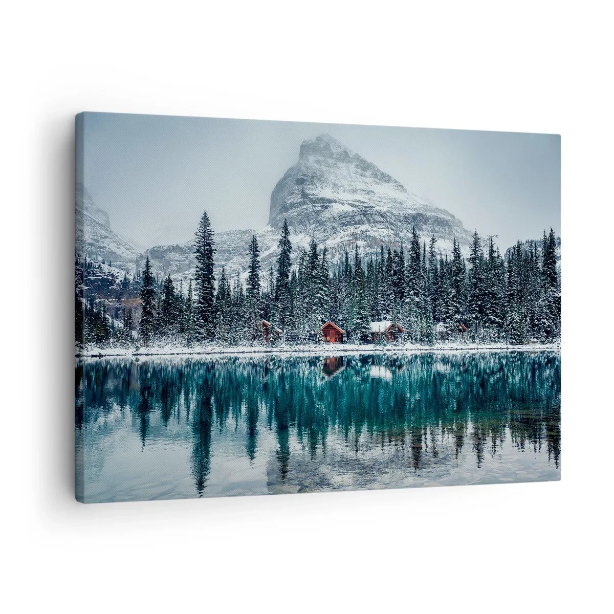 Bild auf Leinwand - Leinwandbild - Winterlandschaft mit Hütten im Wald an einem zugefrorenen See - 70x50cm - Kanadischer Rückzug - Moderne Wanddekoration für Wohnzimmer und Schlafzimmer ARTTOR