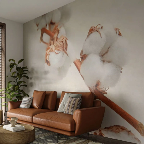 Fototapete Premium Sand - Ein Zweig Baumwolle auf hellem, natürlichem Hintergrund - 100x70cm - Nur umarmen - Moderne Wanddekoration für Wohnzimmer und Schlafzimmer ARTTOR