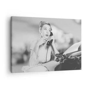 Bild auf Leinwand - Leinwandbild - Eine Frau telefoniert an einer Schreibmaschine - 70x50cm - Hallo, wir sind in den 1950er Jahren. - Moderne Wanddekoration für Wohnzimmer und Schlafzimmer ARTTOR
