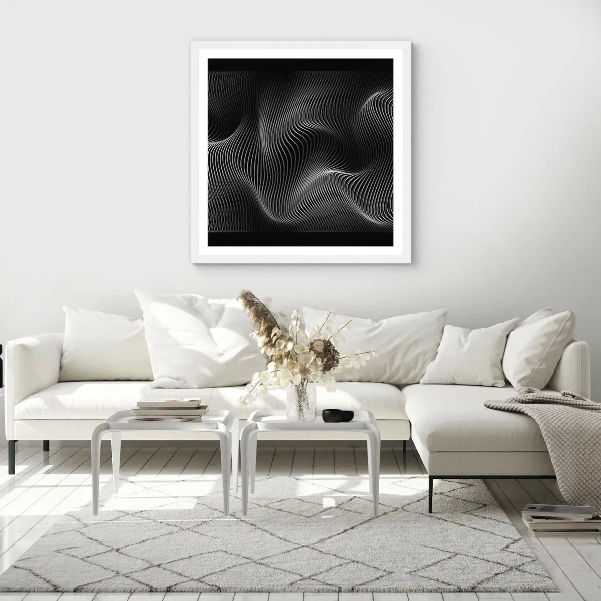 Poster in einem weißen Rahmen - Lichttanz im Raum - 50x50 cm