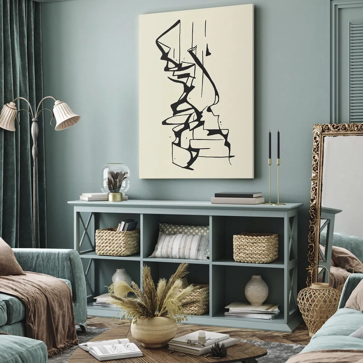 Bild auf Leinwand - Leinwandbild - Abstrakte Zeichnung von Bergen in Schwarz und Weiß - 50x70cm - Vielleicht eine Landschaft - Moderne Wanddekoration für Wohnzimmer und Schlafzimmer ARTTOR