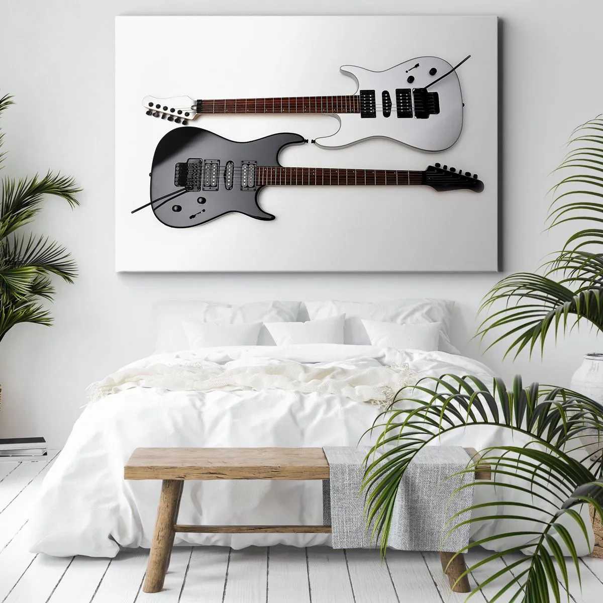 Bild auf Leinwand - Leinwandbild - Zwei E-Gitarren in Schwarz und Weiß auf hellem Hintergrund. - 100x70cm - Harmonie der Formen - Moderne Wanddekoration für Wohnzimmer und Schlafzimmer ARTTOR