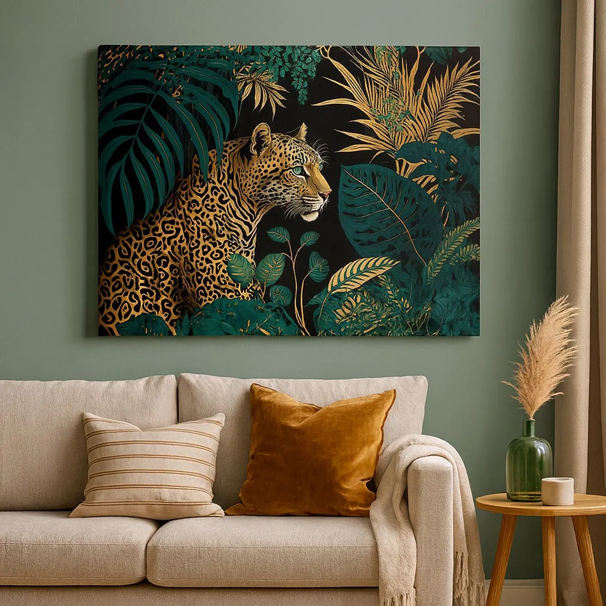 Bild auf Leinwand - Leinwandbild - Leopard in tropischen Blättern auf schwarzem Hintergrund - 70x50cm - Gastgeber im Dschungel - Moderne Wanddekoration für Wohnzimmer und Schlafzimmer ARTTOR