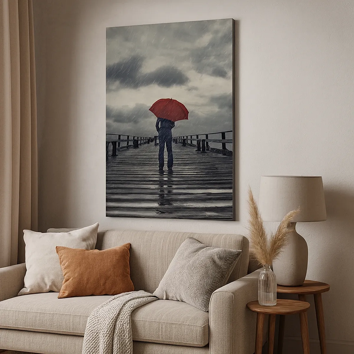 Bild auf Leinwand - Leinwandbild - Eine Person mit einem roten Regenschirm auf einem verregneten Pier - 50x70cm - Es ist egal, dass es regnet - Moderne Wanddekoration für Wohnzimmer und Schlafzimmer ARTTOR