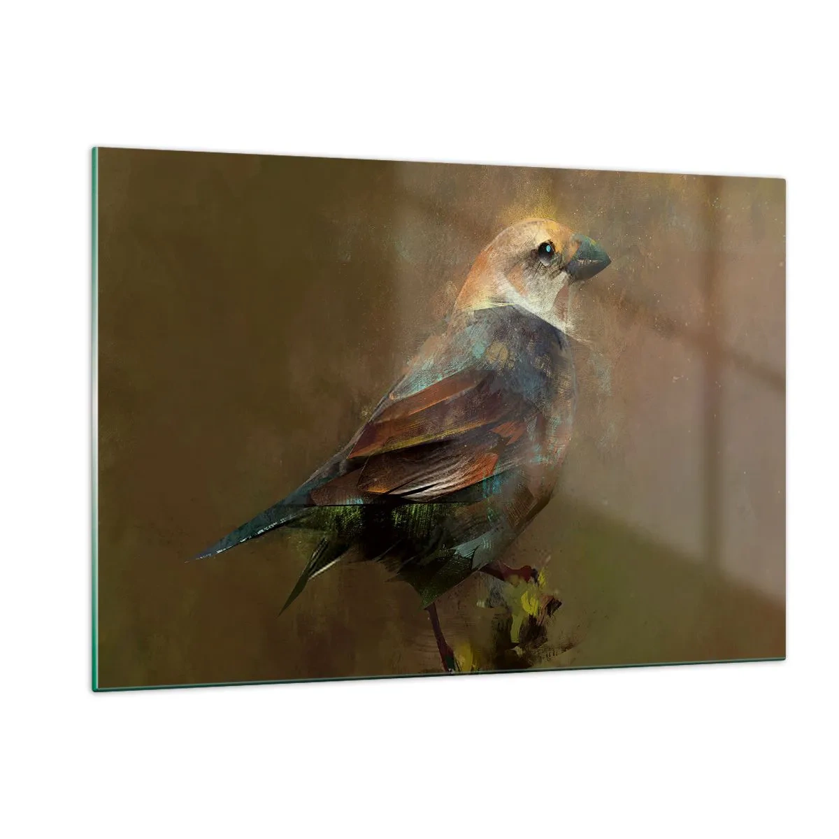 Glasbild - Bild auf glas - Ein Spatz in künstlerischem, malerischem Stil vor neutralem Hintergrund - 120x80cm - Ein Spatz, ein kleines Vögelchen - Moderne Wanddekoration für Wohnzimmer und Schlafzimmer ARTTOR