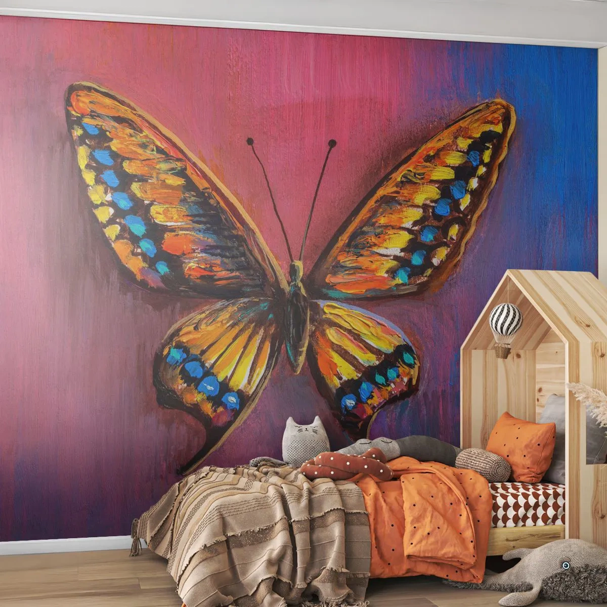 Fototapete Premium Sand - Ein bunter Schmetterling auf einem Hintergrund in Rosa- und Blautönen. - 100x70cm - Ein Juwel der Natur - Moderne Wanddekoration für Wohnzimmer und Schlafzimmer ARTTOR
