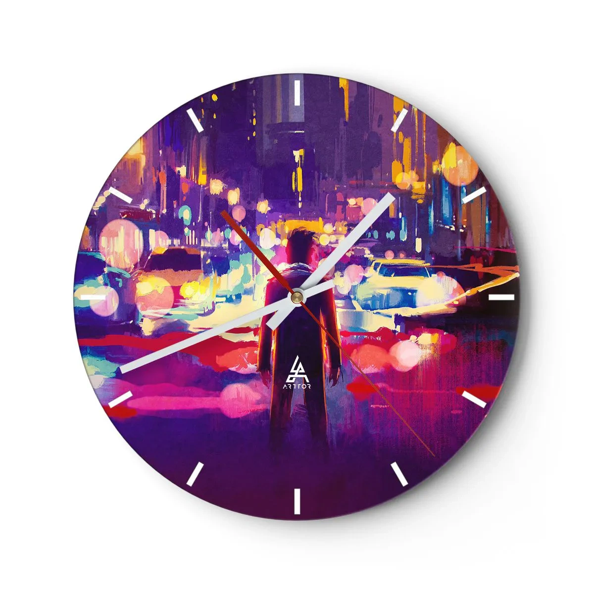 Wanduhr - Glasuhr - Eine Figur vor dem Hintergrund einer bunten Stadt bei Nacht - 30x30cm - Eingetaucht in das Licht - Moderne Wanddekoration für Wohnzimmer, Küche und Schlafzimmer ARTTOR