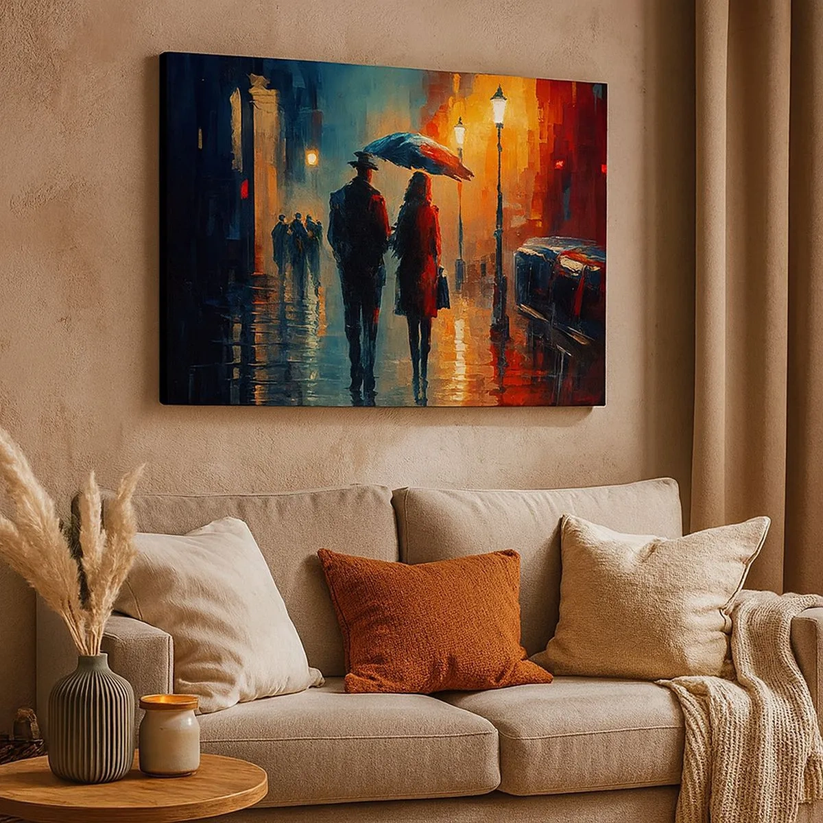 Bild auf Leinwand - Leinwandbild - Nachts im Regen unter einem Regenschirm in der Stadt spazieren gehen - 70x50cm - Urbane Liebesgeschichte - Moderne Wanddekoration für Wohnzimmer und Schlafzimmer ARTTOR