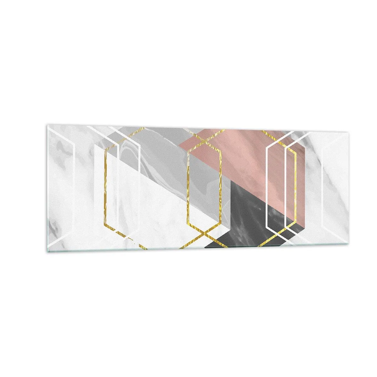 Glasbild - Bild auf glas - Geometrische Figuren mit Gold- und Marmorakzenten - 140x50cm - Kettenkomposition - Moderne Wanddekoration für Wohnzimmer und Schlafzimmer ARTTOR