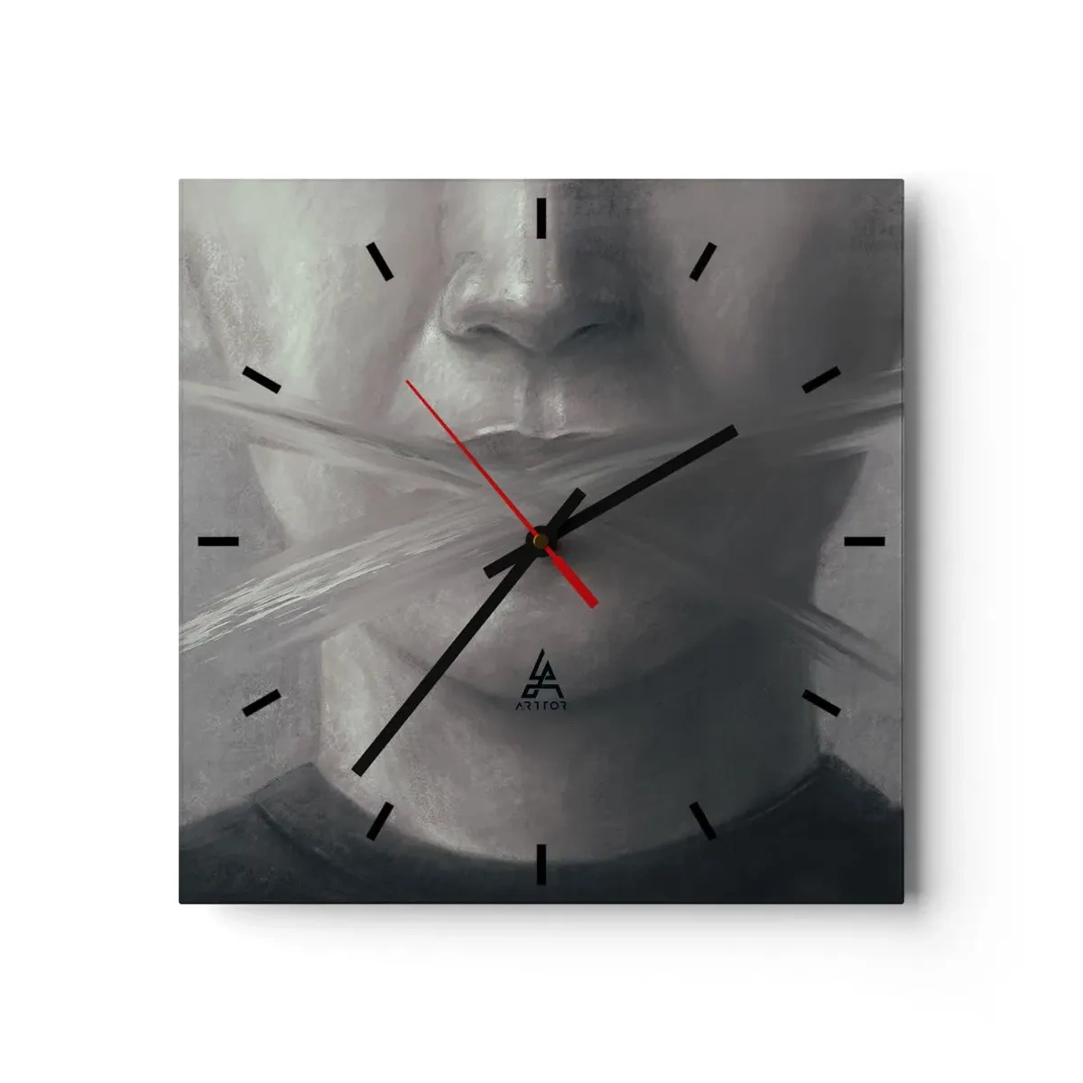 Wanduhr - Glasuhr - Ein symbolisches Porträt mit verschwommenen Lippen in Grautönen. - 30x30cm - Ohne ein Wort - Moderne Wanddekoration für Wohnzimmer und Schlafzimmer ARTTOR