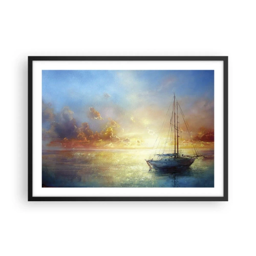 Poster in einem schwarzem Rahmen - Eine Yacht auf ruhigem Meer bei Sonnenuntergang - 70x50cm - In einer goldenen Bucht - Moderne Wanddekoration für Wohnzimmer und Schlafzimmer ARTTOR