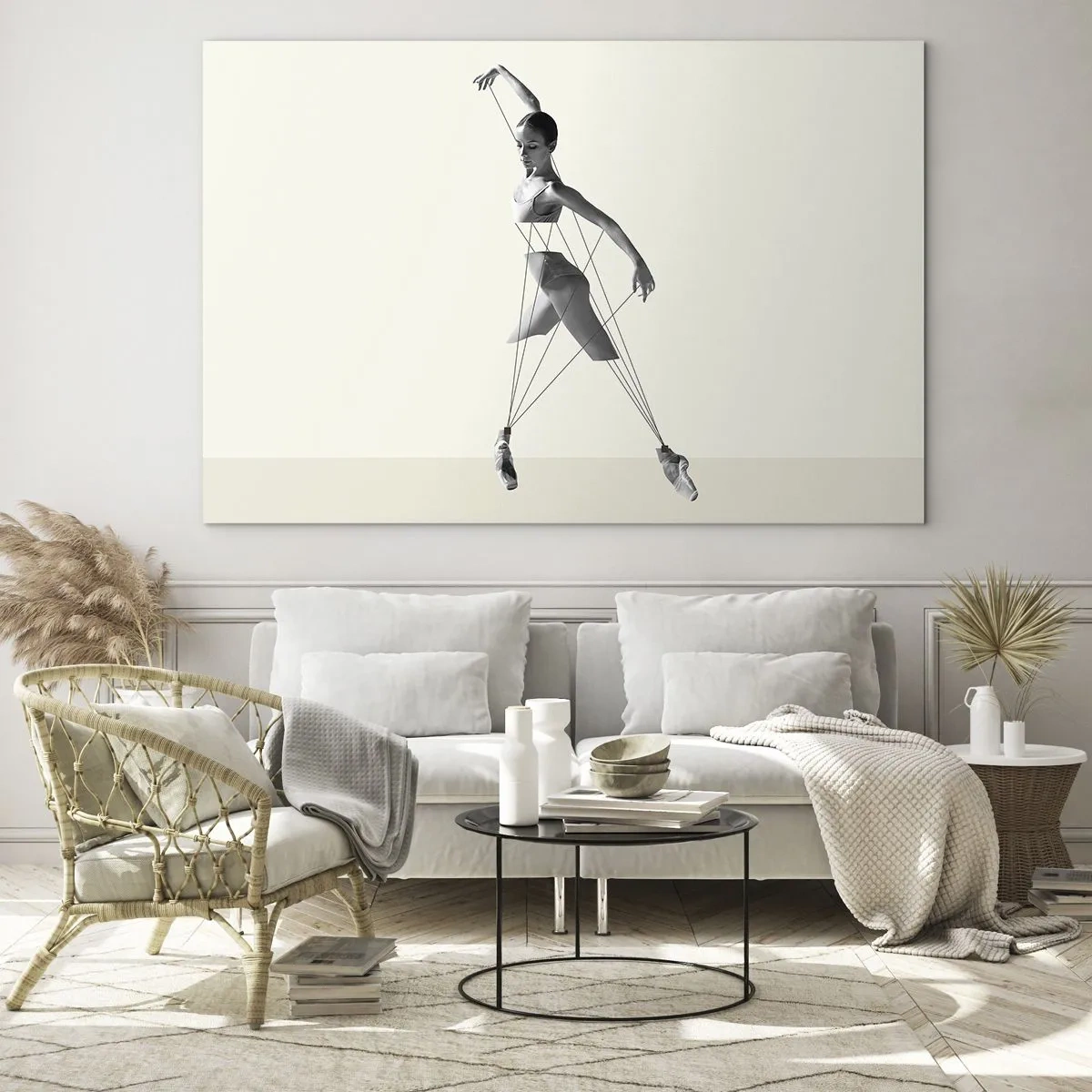 Glasbild - Bild auf glas - Schwarz-weiße Silhouette einer Ballerina mit geometrischem Linienmotiv - 120x80cm - Im Theater der Welt - Moderne Wanddekoration für Wohnzimmer und Schlafzimmer ARTTOR