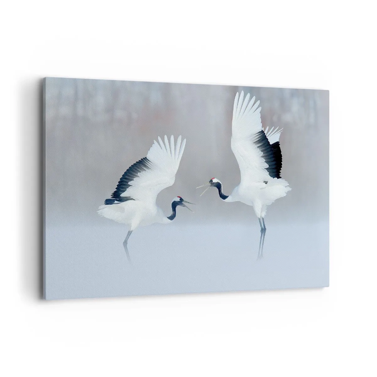Bild auf Leinwand - Leinwandbild - Zwei Kraniche tanzen in einer nebligen Landschaft - 120x80cm - Tanz im Nebel - Moderne Wanddekoration für Wohnzimmer und Schlafzimmer ARTTOR