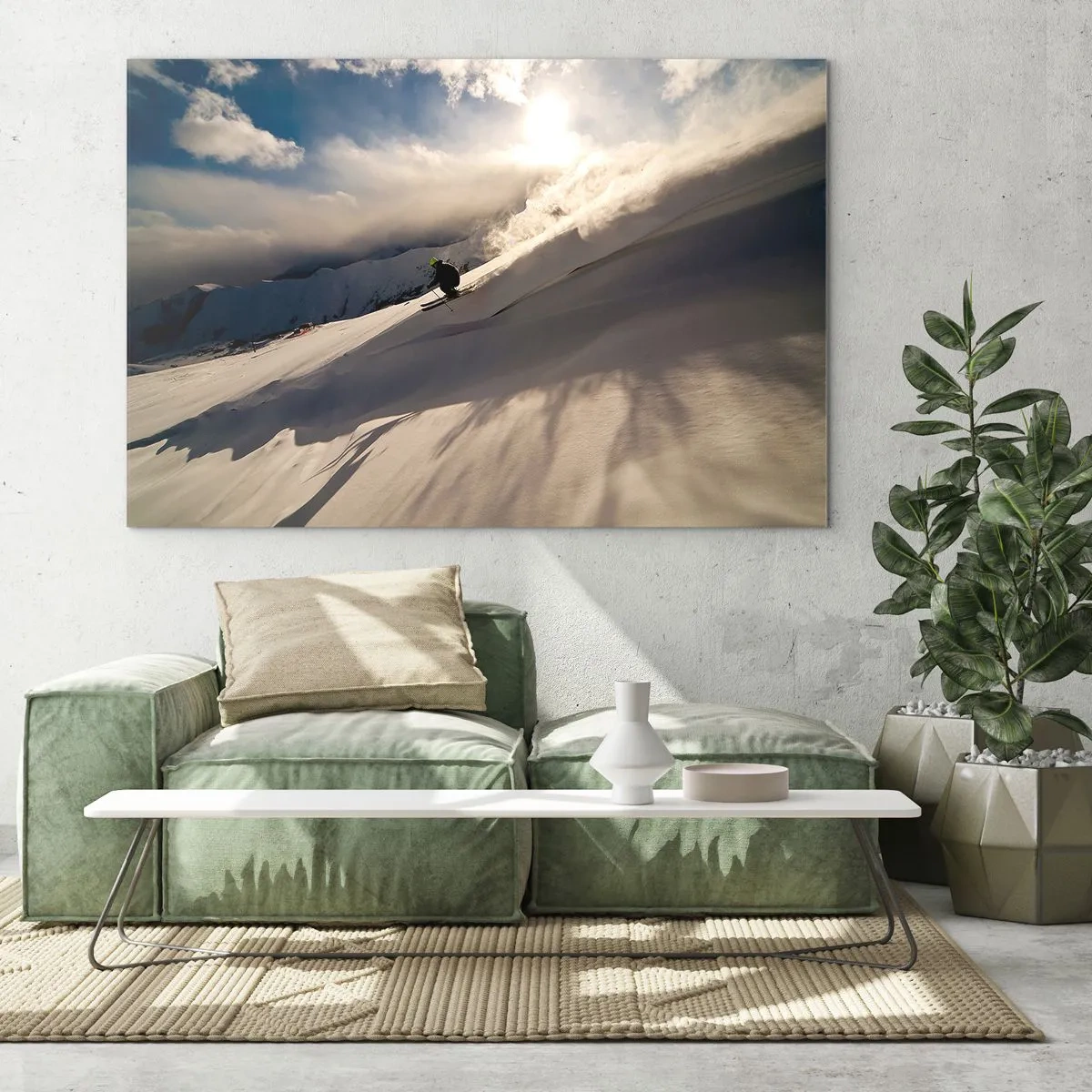 Glasbild - Bild auf glas - Ein Skifahrer gleitet im Licht der Wintersonne einen Hang hinunter - 120x80cm - Bergherausforderung angenommen - Moderne Wanddekoration für Wohnzimmer und Schlafzimmer ARTTOR