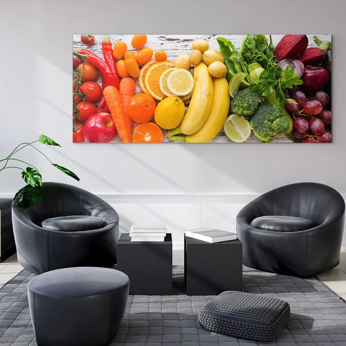 Glasbild - Bild auf glas - Buntes Obst und Gemüse auf einem hölzernen Hintergrund - 140x50cm - Es ist nicht genug? - Moderne Wanddekoration für Wohnzimmer und Schlafzimmer ARTTOR