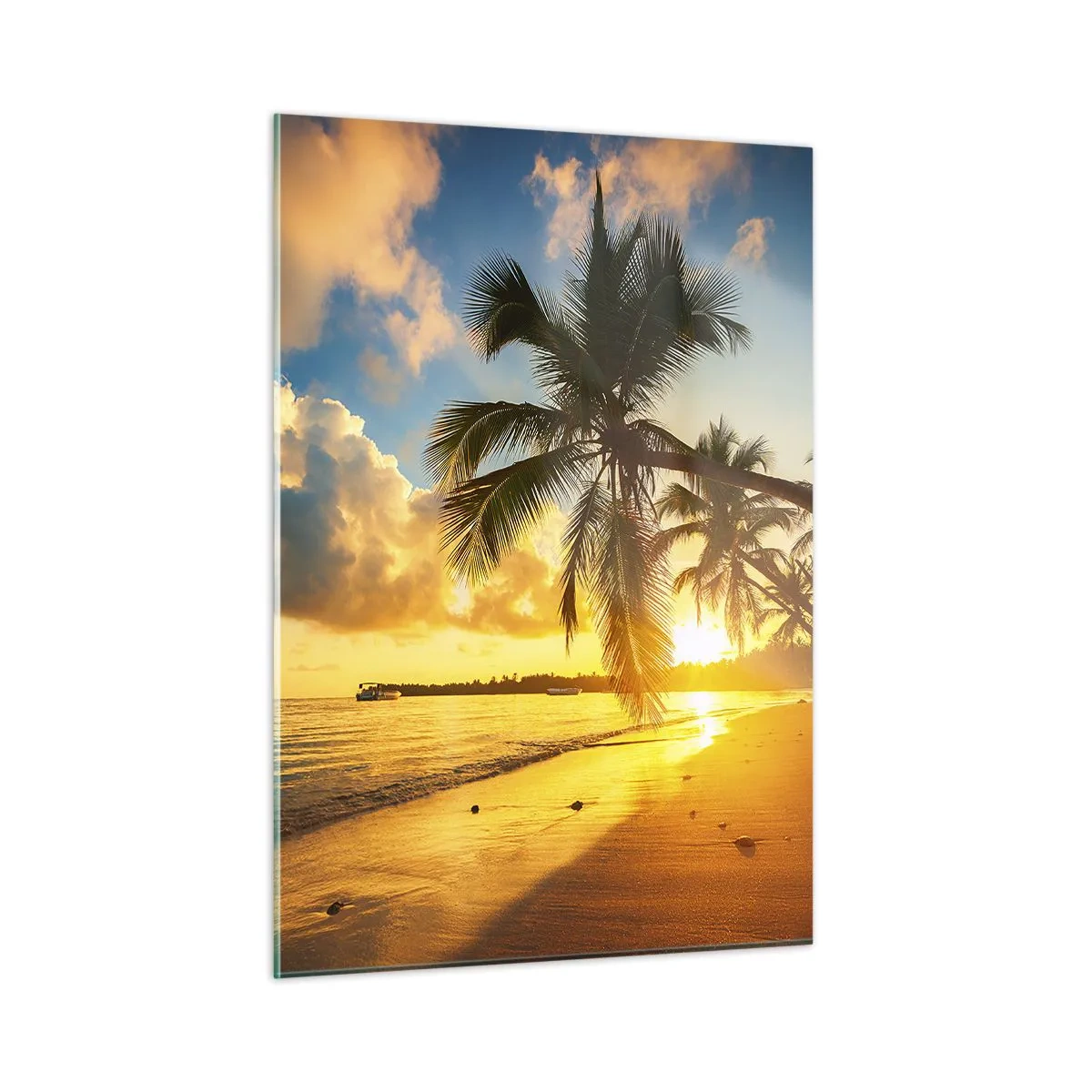 Glasbild - Bild auf glas - Tropischer Strand mit Palmen bei Sonnenuntergang - 50x70cm - Karibischer Traum - Moderne Wanddekoration für Wohnzimmer und Schlafzimmer ARTTOR