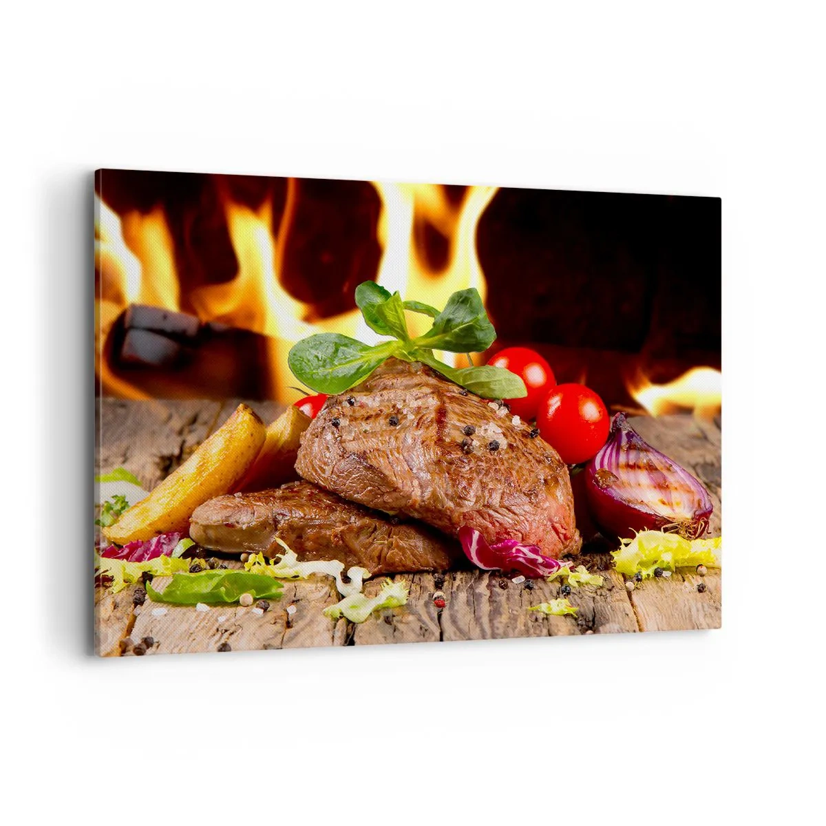 Bild auf Leinwand - Leinwandbild - Gegrilltes Steak mit Beilagen vor dem Hintergrund der Flammen - 100x70cm - Von Hitze gezaubert - Moderne Wanddekoration für Wohnzimmer und Schlafzimmer ARTTOR