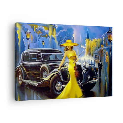 Bild auf Leinwand - Leinwandbild - Eine Frau in einem gelben Kleid mit einer Geige neben einem Retro-Auto. - 70x50cm - Nocturne für Violine und Liebe - Moderne Wanddekoration für Wohnzimmer und Schlafzimmer ARTTOR