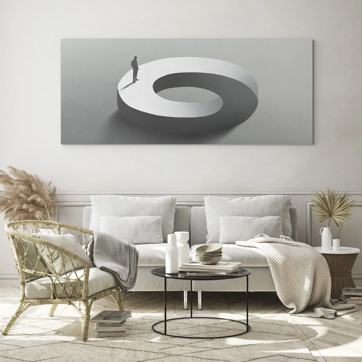 Glasbild - Bild auf glas - Ein Mann auf einer grauen, abstrakten Struktur - 160x50cm - Und wie soll man davon klug werden - Moderne Wanddekoration für Wohnzimmer und Schlafzimmer ARTTOR