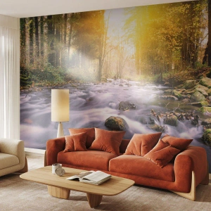 Fototapete Premium Sand - Ein Gebirgsbach in einem herbstlichen Wald bei Sonnenuntergang - 100x70cm - Malachit im Silber- und Goldrahmen - Moderne Wanddekoration für Wohnzimmer und Schlafzimmer ARTTOR