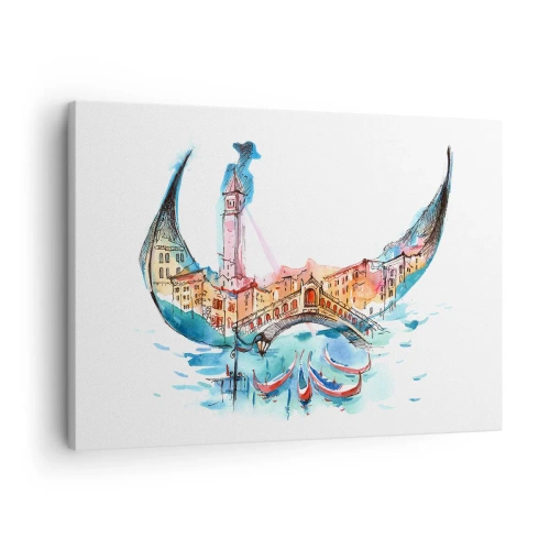 Bild auf Leinwand - Leinwandbild - Eine Aquarellkomposition von Venedig in Form einer Gondel - 70x50cm - Wir segeln durch die Stadt - Moderne Wanddekoration für Wohnzimmer und Schlafzimmer ARTTOR
