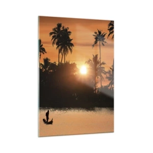 Glasbild - Bild auf glas - Tropische Landschaft mit Palmen und Sonnenuntergang über dem Fluss - 50x70cm - Zeit zum Entspannen - Moderne Wanddekoration für Wohnzimmer und Schlafzimmer ARTTOR