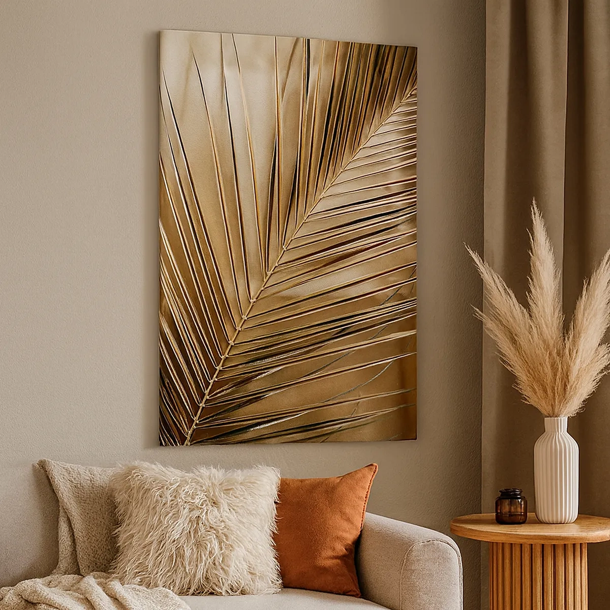 Bild auf Leinwand - Leinwandbild - Goldenes Palmblatt auf einem einfarbigen Hintergrund - 50x70cm - Natürliche Kolonnade - Moderne Wanddekoration für Wohnzimmer und Schlafzimmer ARTTOR