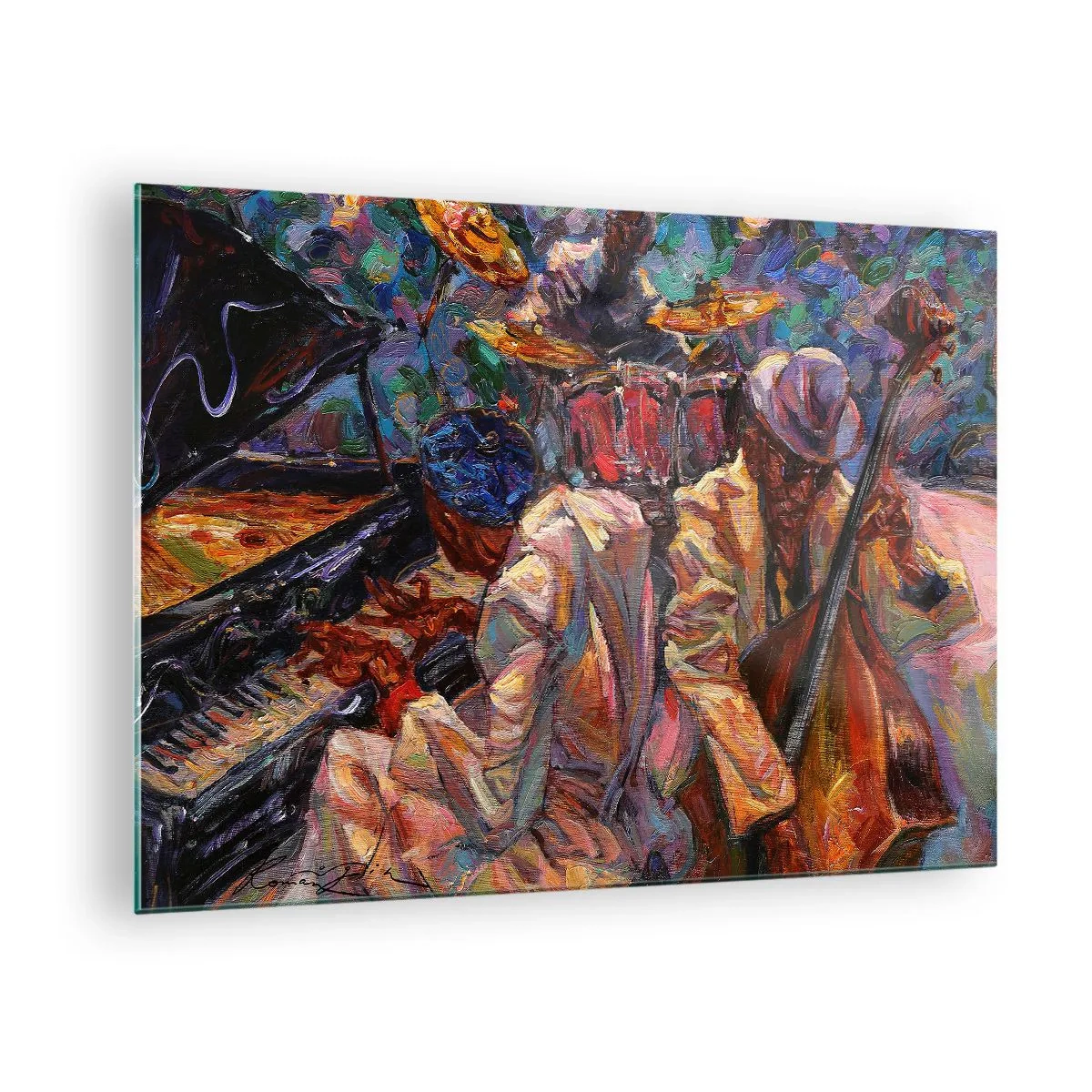 Glasbild - Bild auf glas - Eine bunte Jazzbühne mit Musikern und Instrumenten - 70x50cm - In einem Schlag - Moderne Wanddekoration für Wohnzimmer und Schlafzimmer ARTTOR