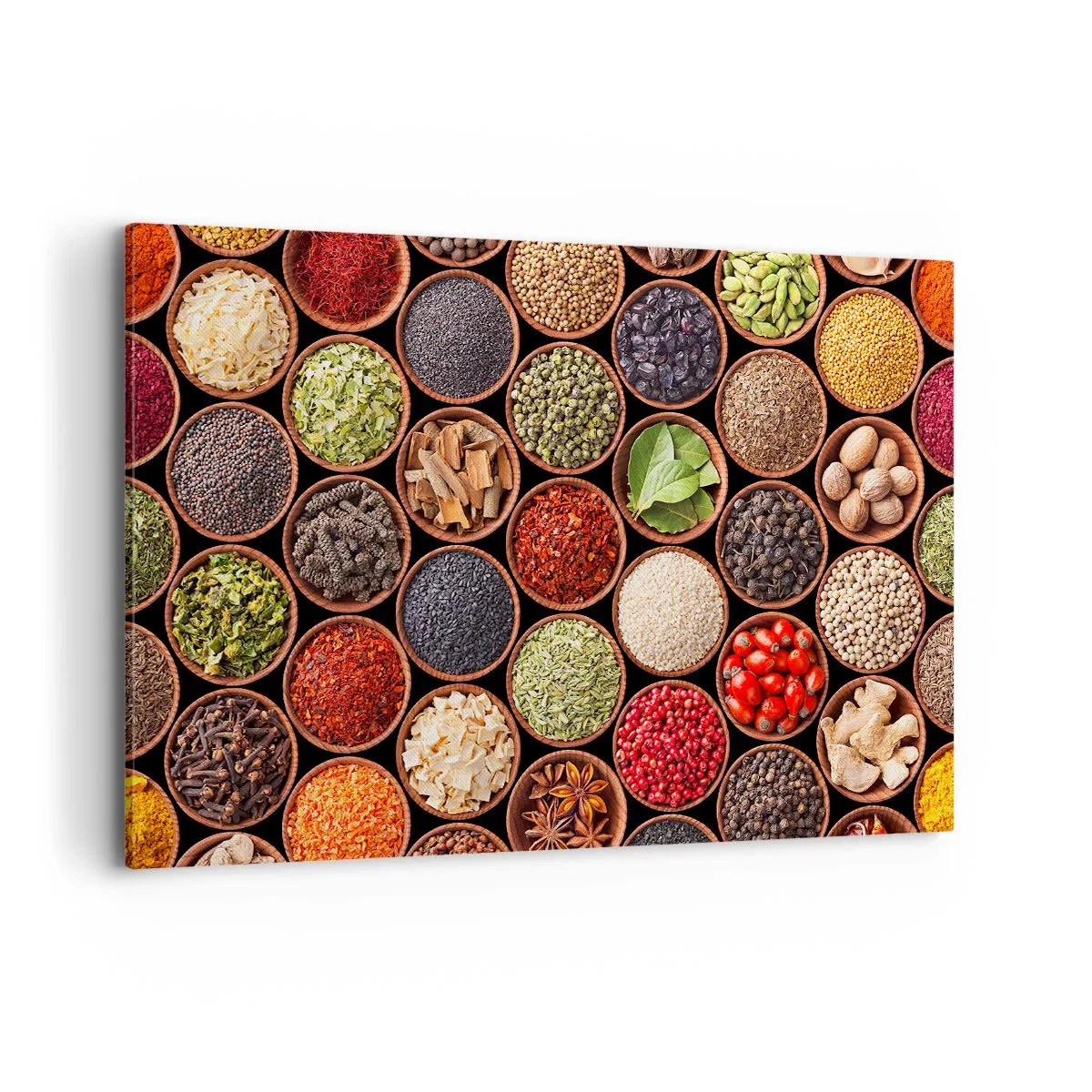 Bild auf Leinwand - Leinwandbild - Bunte Gewürze in runden Behältern - 120x80cm - Alle Aromen der Welt - Moderne Wanddekoration für Wohnzimmer und Schlafzimmer ARTTOR