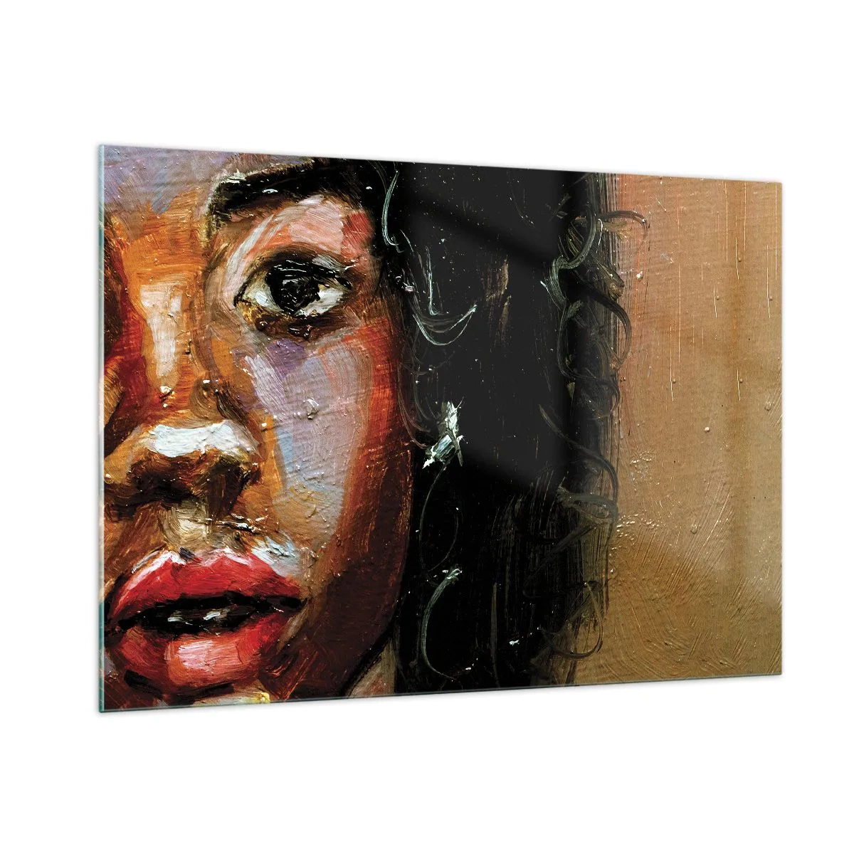 Glasbild - Bild auf glas - Fragment eines farbenfrohen Frauenporträts im malerischen Stil - 100x70cm - Schwarz und Glanz - Moderne Wanddekoration für Wohnzimmer und Schlafzimmer ARTTOR