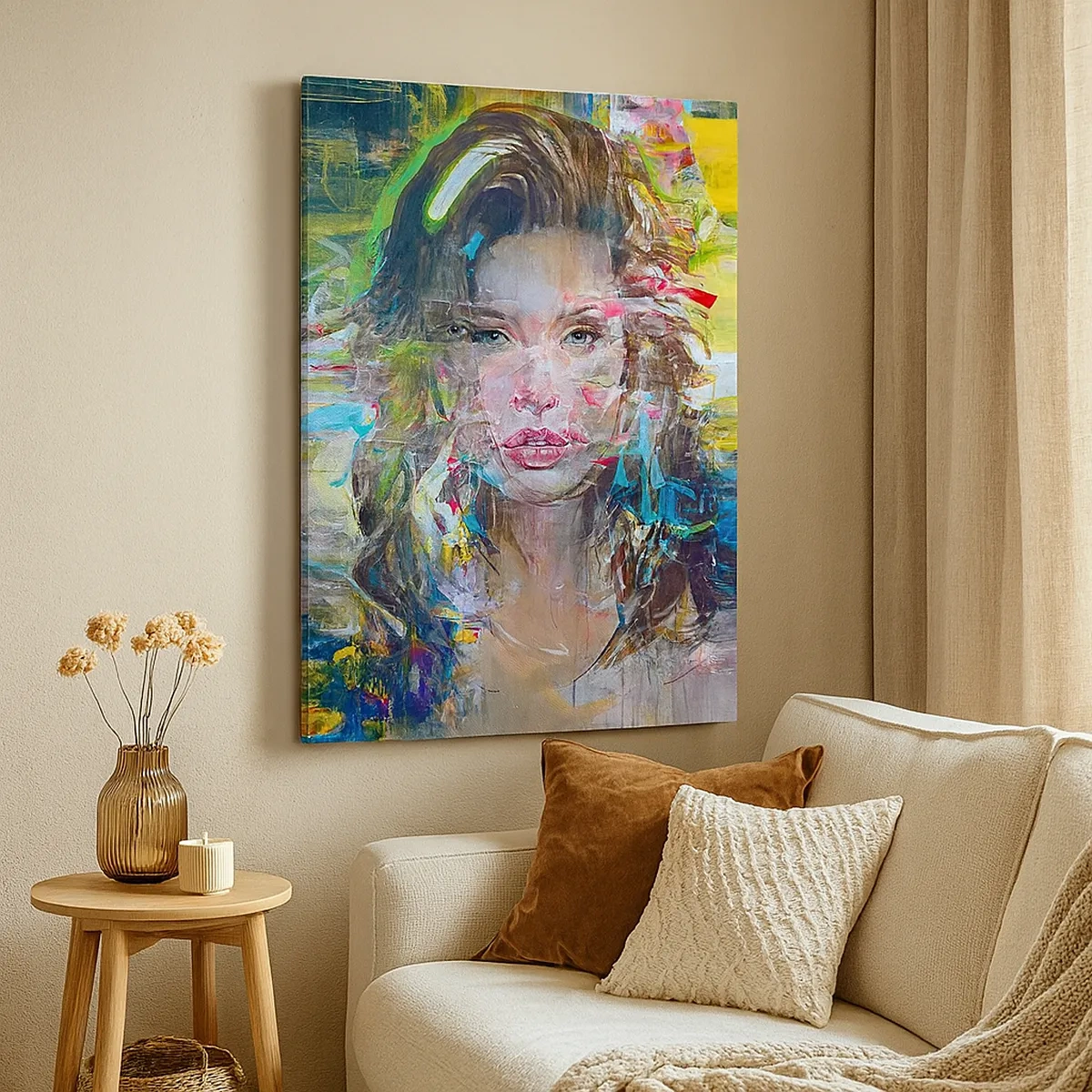 Bild auf Leinwand - Leinwandbild - Abstraktes Frauenporträt in intensiven Farben - 50x70cm - Hinter der Luft ein Vorhang - Moderne Wanddekoration für Wohnzimmer und Schlafzimmer ARTTOR