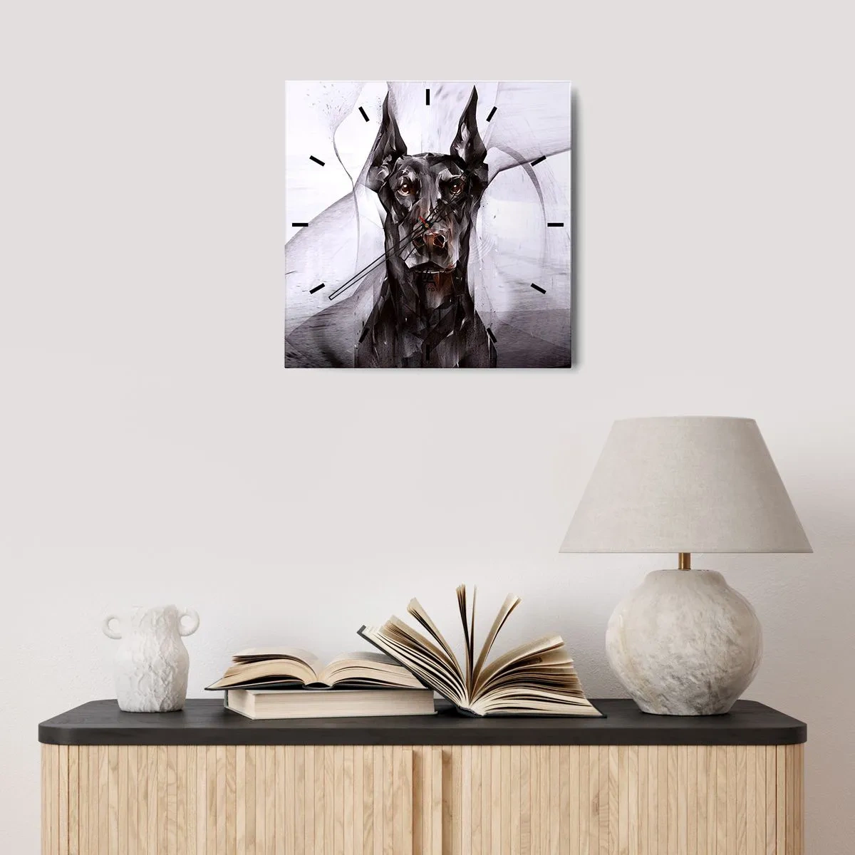 Wanduhr - Glasuhr - Abstraktes Porträt eines Hundes in künstlerischer Herangehensweise - 30x30cm - Edelgeboren - Moderne Wanddekoration für Wohnzimmer und Schlafzimmer ARTTOR