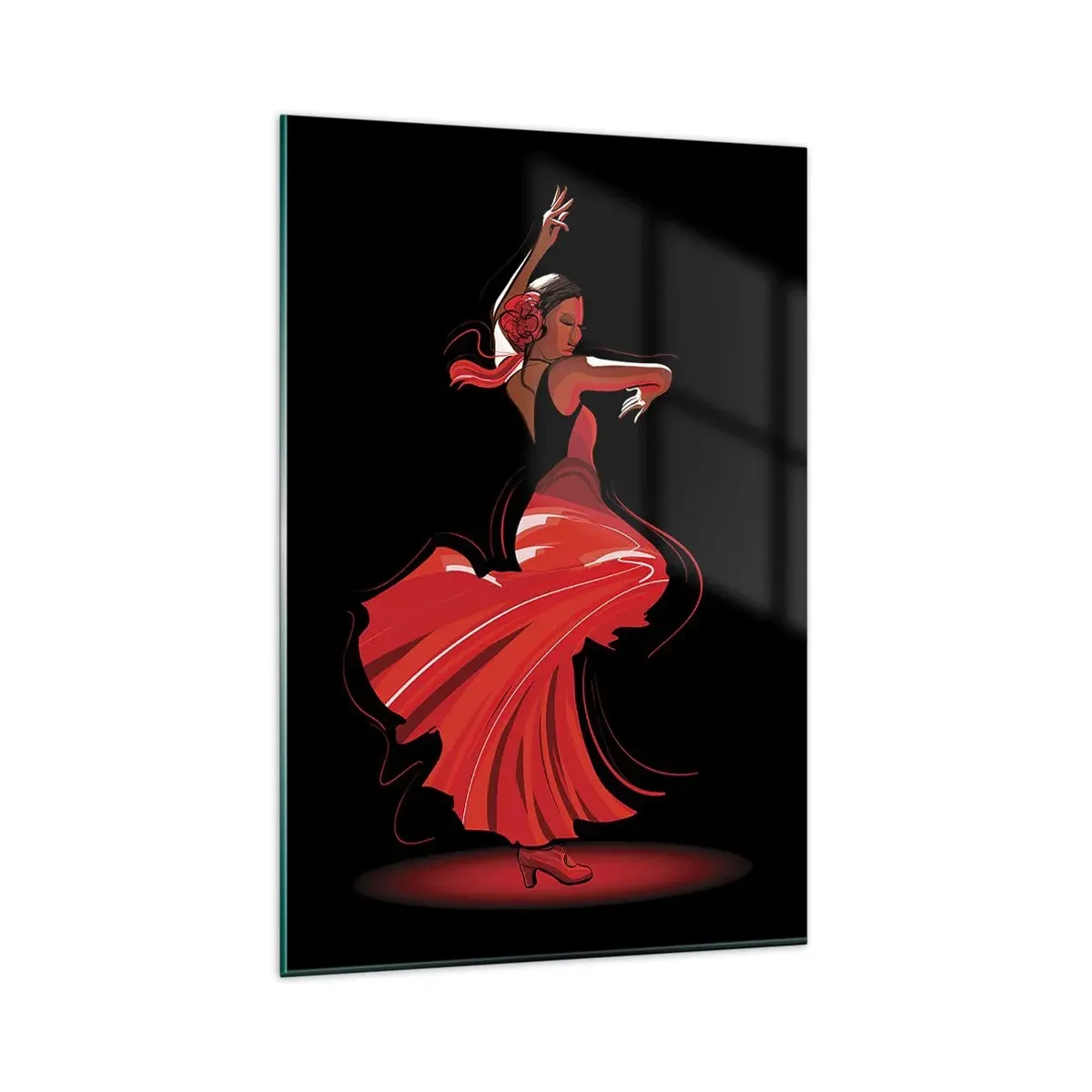 Glasbild - Bild auf glas - Flamenco-Tänzerin in einem roten Kleid vor schwarzem Hintergrund - 80x120cm - Der feurige Geist des Flamenco - Moderne Wanddekoration für Wohnzimmer und Schlafzimmer ARTTOR