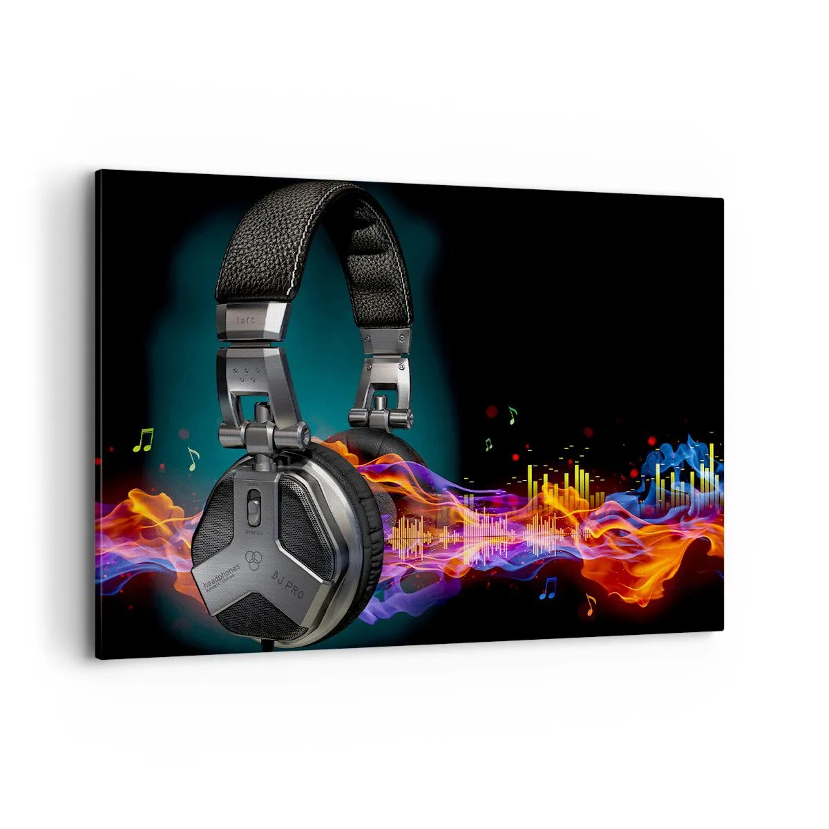Bild auf Leinwand - Leinwandbild - Schwarze Kopfhörer mit farbenfrohem Musikvisualisierungseffekt - 120x80cm - Feuer der Musik - Moderne Wanddekoration für Wohnzimmer und Schlafzimmer ARTTOR