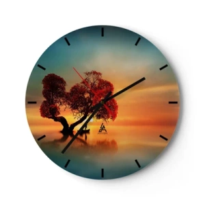 Wanduhr - Glasuhr - Herzförmiger Baum auf dem Wasser bei Sonnenuntergang - 30x30cm - Oddaysons und die Stille der Weltlosen - Moderne Wanddekoration für Wohnzimmer, Küche und Schlafzimmer ARTTOR