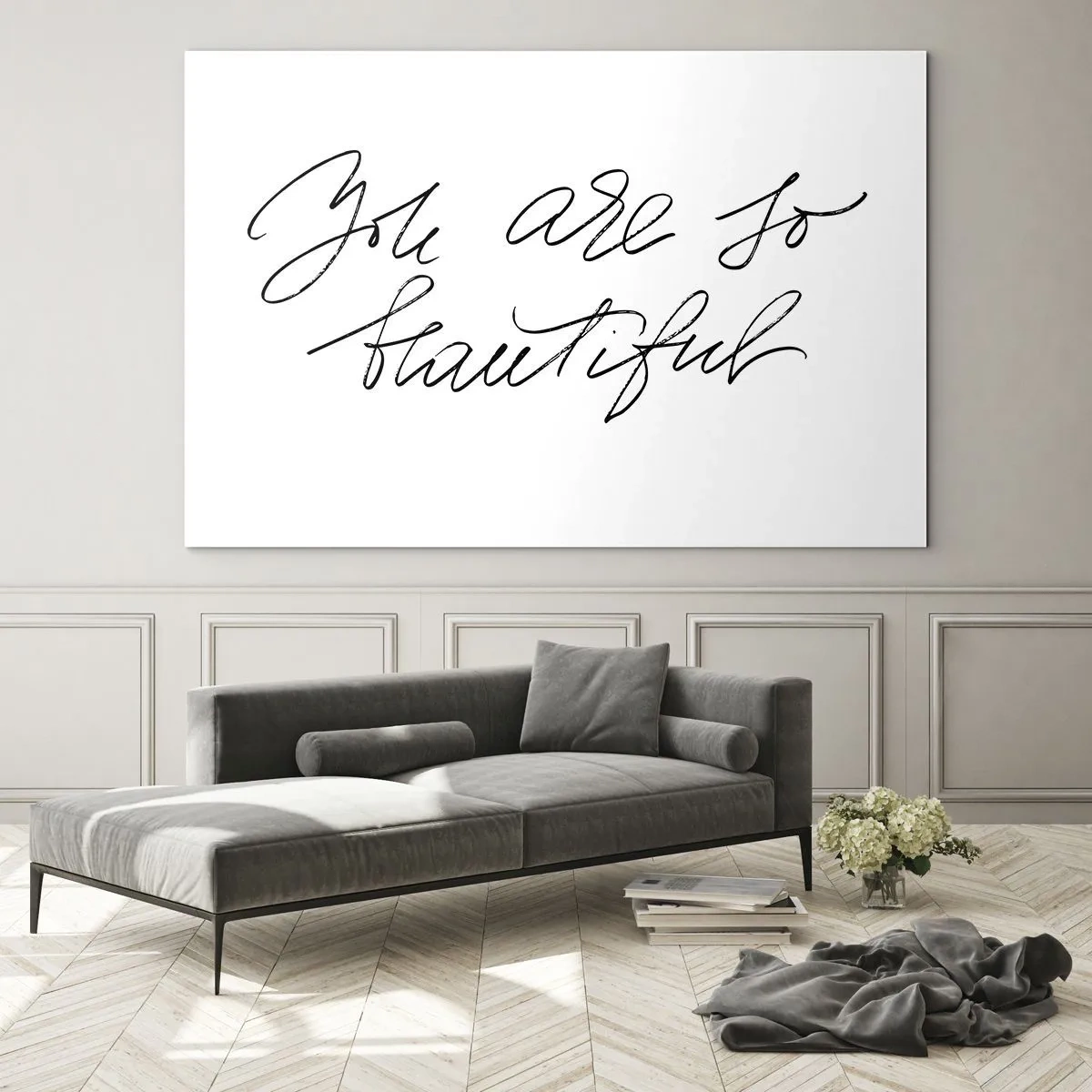 Glasbild - Bild auf glas - „Du bist so schön“-Zitat in einem eleganten, kalligrafischen Stil - 120x80cm - Glauben Sie wirklich ... - Moderne Wanddekoration für Wohnzimmer und Schlafzimmer ARTTOR