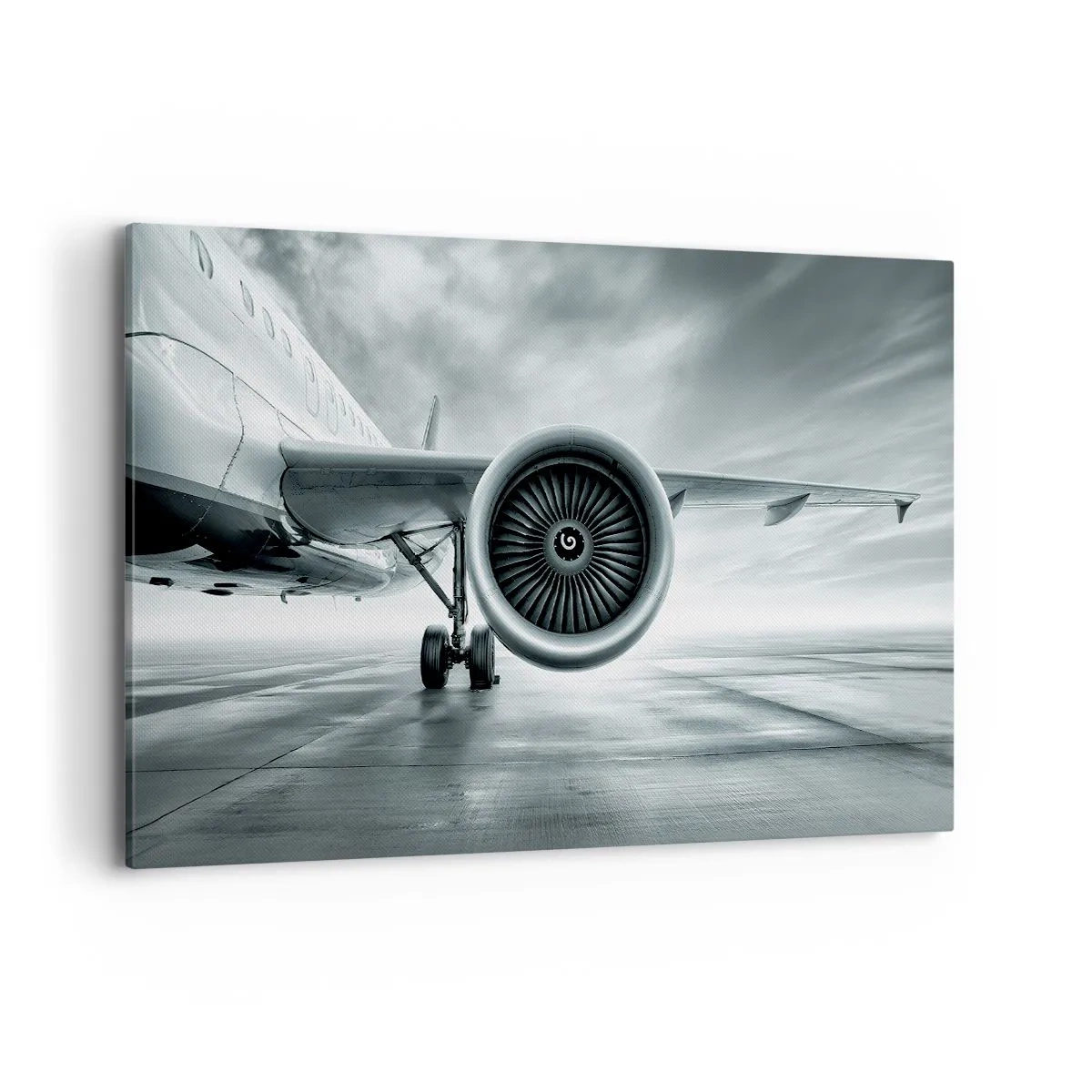 Bild auf Leinwand - Leinwandbild - Das Düsentriebwerk eines Flugzeugs auf dem Rollfeld - 120x80cm - Die Macht ist da! - Moderne Wanddekoration für Wohnzimmer und Schlafzimmer ARTTOR