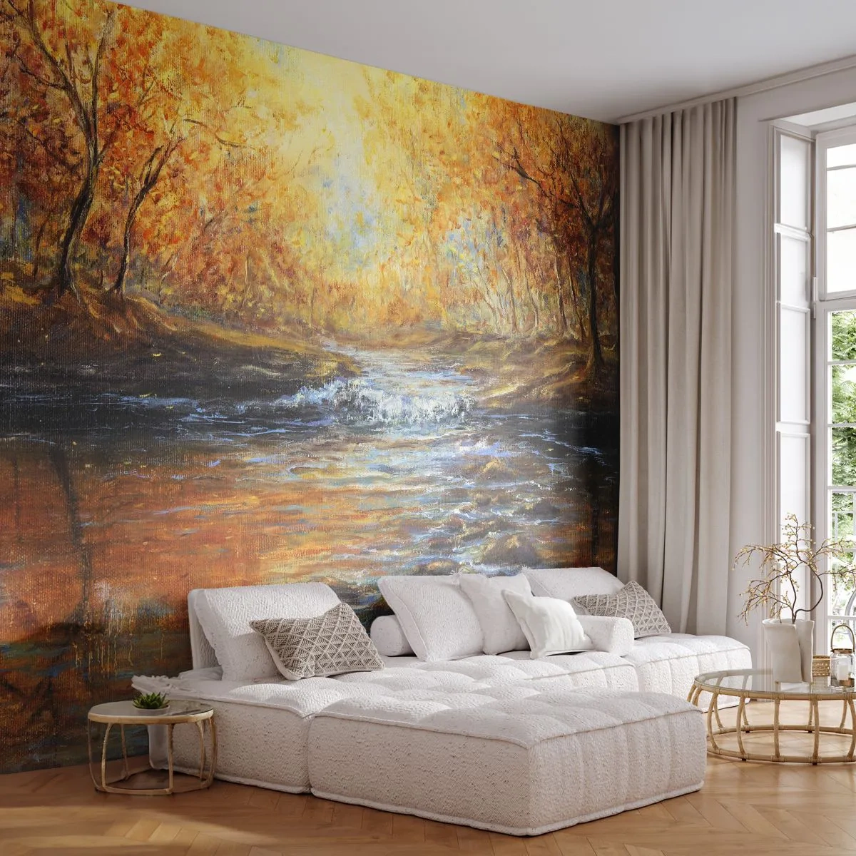 Fototapete Premium Canvas - Herbstlandschaft mit einem Fluss zwischen den Bäumen - 100x70cm - Der goldene Strom - Moderne Wanddekoration für Wohnzimmer und Schlafzimmer ARTTOR
