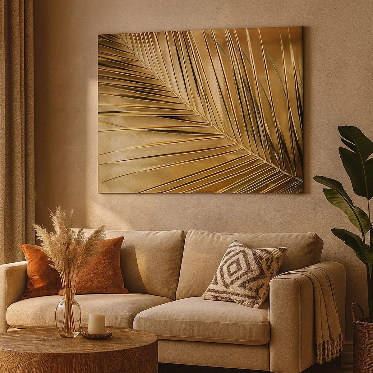Bild auf Leinwand - Leinwandbild - Goldenes Palmblatt auf einem einfarbigen Hintergrund - 70x50cm - Natürliche Kolonnade - Moderne Wanddekoration für Wohnzimmer und Schlafzimmer ARTTOR