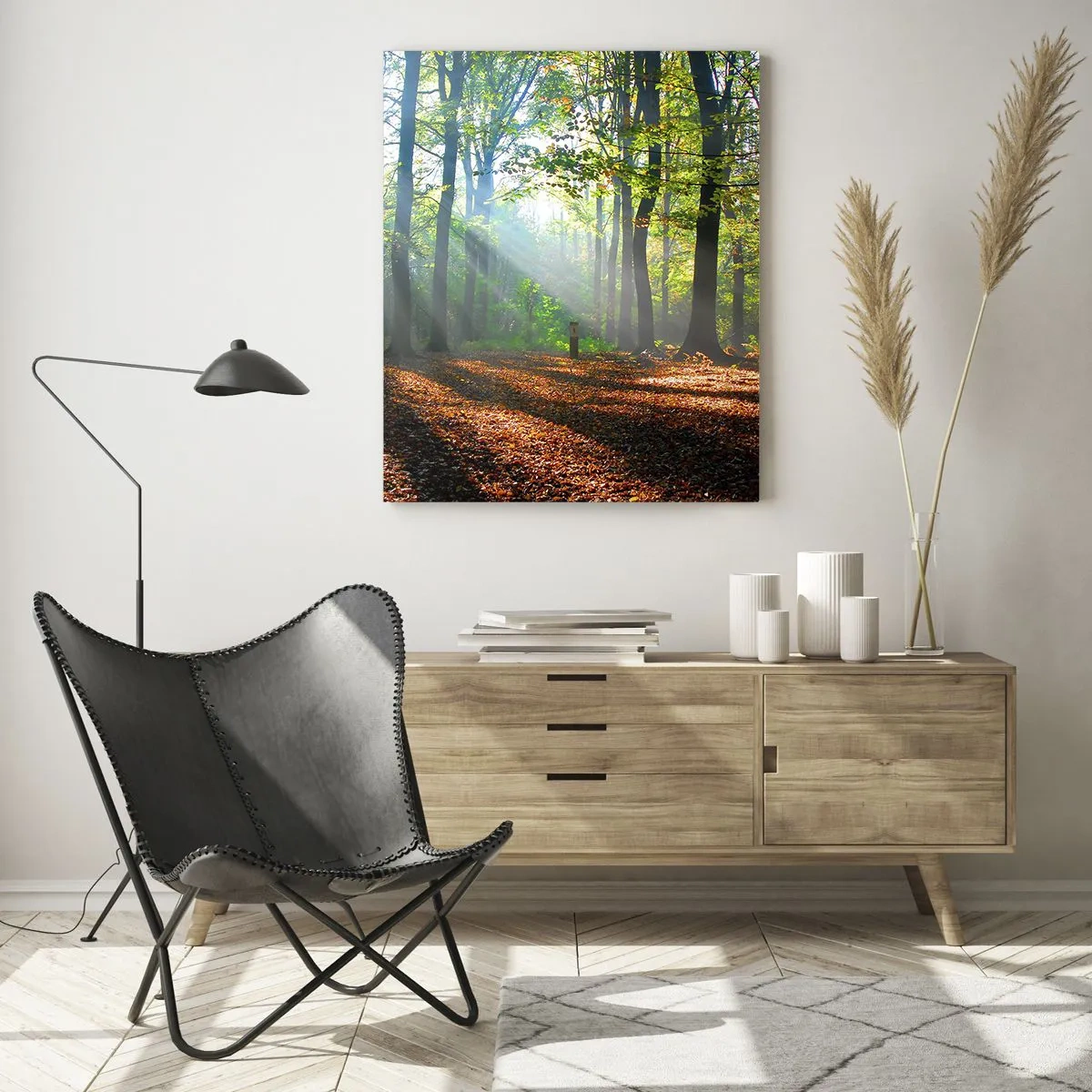 Glasbild - Bild auf glas - Ein Wald in den Strahlen der Sonne in einer Herbstlandschaft - 50x70cm - Licht und Schatten - Moderne Wanddekoration für Wohnzimmer und Schlafzimmer ARTTOR