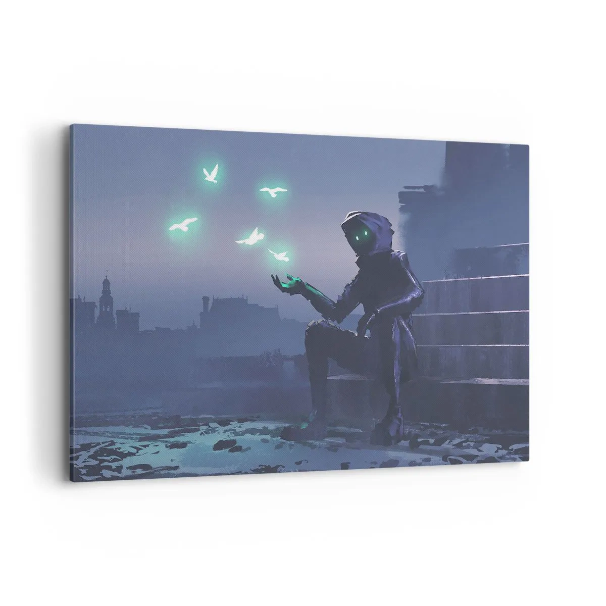 Bild auf Leinwand - Leinwandbild - Eine vermummte Figur mit magischen Vögeln im Hintergrund einer Stadt - 100x70cm - Das Leben wird zurückkommen - Moderne Wanddekoration für Wohnzimmer und Schlafzimmer ARTTOR