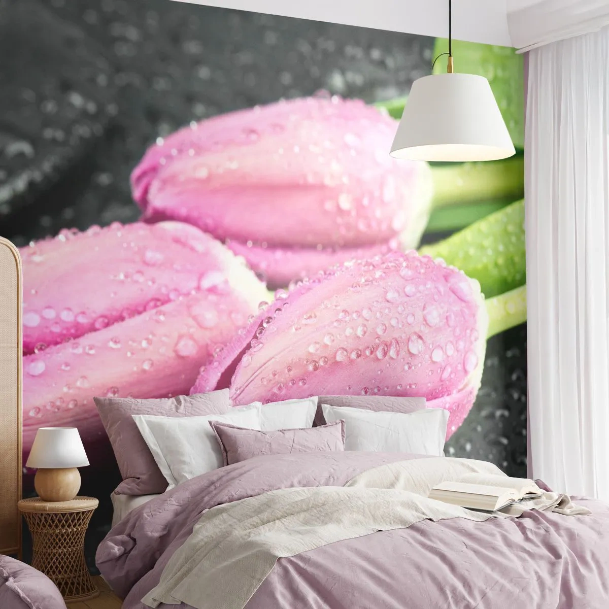 Fototapete Premium Canvas - Liladrei auf schwarzem Stein - Blumen, Tulpen, Blumenstrauß - 300x210 cm