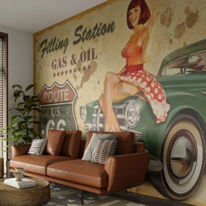 Fototapete Premium Canvas - Retro-Route 66-Poster mit Pin-up-Girl und Auto - 100x70cm - Die großen Jahre der 40er. - Moderne Wanddekoration für Wohnzimmer und Schlafzimmer ARTTOR