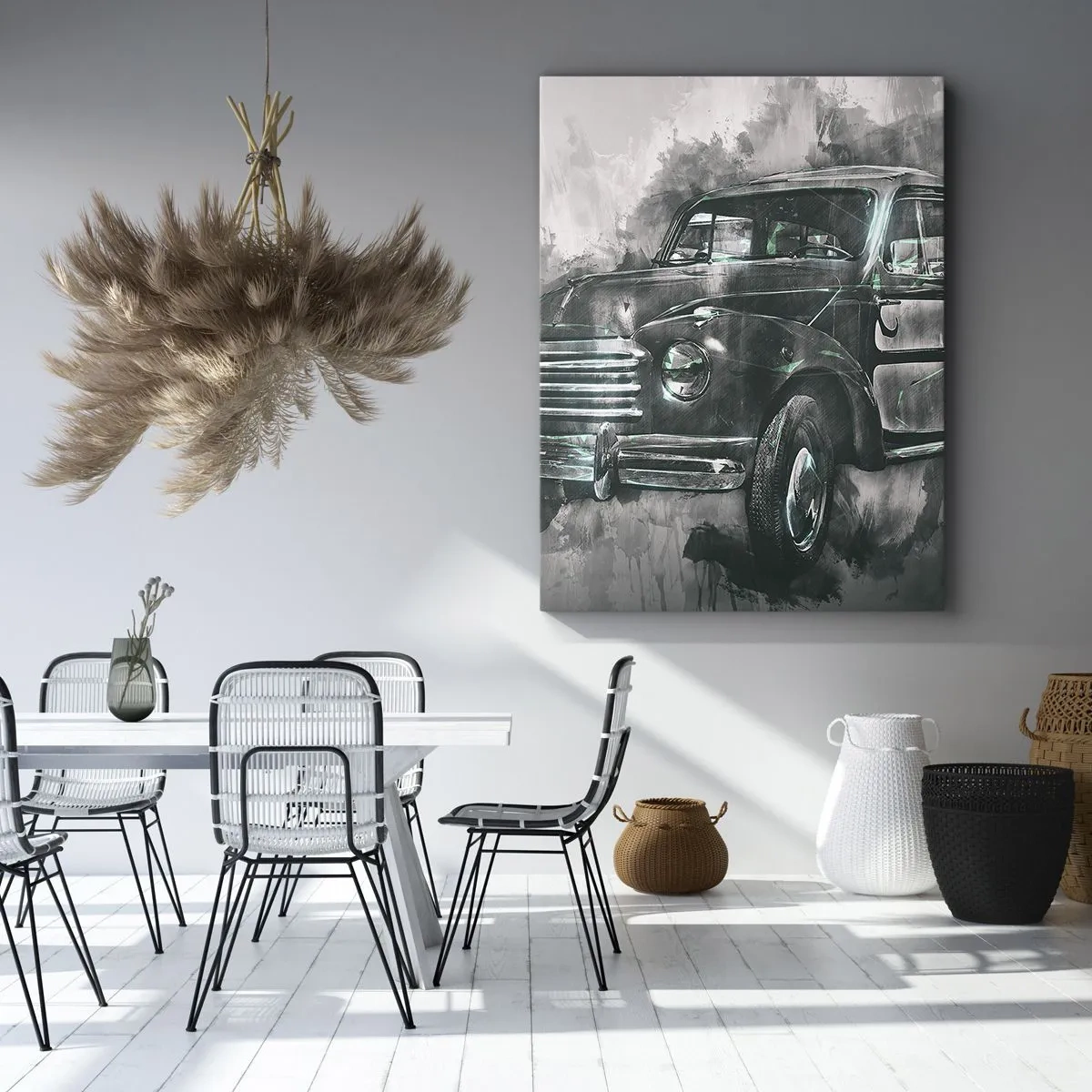 Bild auf Leinwand - Leinwandbild - Ein klassisches Retro-Auto vor künstlerischer Kulisse - 70x100cm - Geehrter Vorfahr - Moderne Wanddekoration für Wohnzimmer und Schlafzimmer ARTTOR
